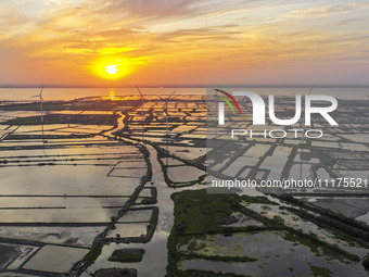 A wind farm is being seen at sunset in Wuxi, China, on April 24, 2024. (