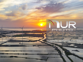 A wind farm is being seen at sunset in Wuxi, China, on April 24, 2024. (