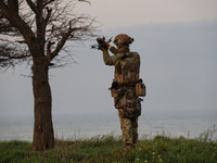 A soldier from a mobile air defense unit of the Armed Forces of Ukraine is working in the Odesa region, southern Ukraine, on April 24, 2024....