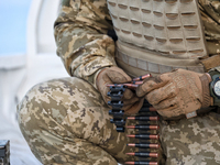 A soldier from a mobile air defense unit of the Armed Forces of Ukraine is working in the Odesa region, southern Ukraine, on April 24, 2024....