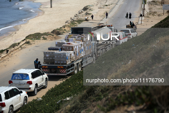 United Nations (UN) and World Health Organization (WHO) aid trucks are waiting for Israel's permission to enter Gaza in Gaza Valley, on Apri...