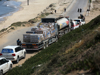 United Nations (UN) and World Health Organization (WHO) aid trucks are waiting for Israel's permission to enter Gaza in Gaza Valley, on Apri...