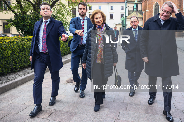 Queen Sofia of Spain is seen visiting the Old Town in Krakow, Poland on April 25, 2024. On the previous day the Queen attended the opening c...