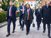 Queen Sofia of Spain is seen visiting the Old Town in Krakow, Poland on April 25, 2024. On the previous day the Queen attended the opening c...