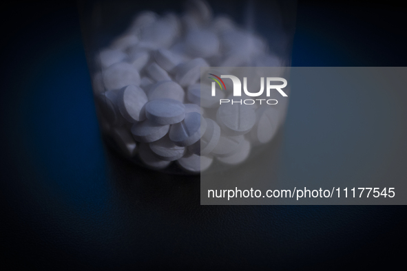 A plastic bottle with white coloured antidepressant pills on a desktop is seen in this illustration photo in Warsaw, Poland on 25 April, 202...