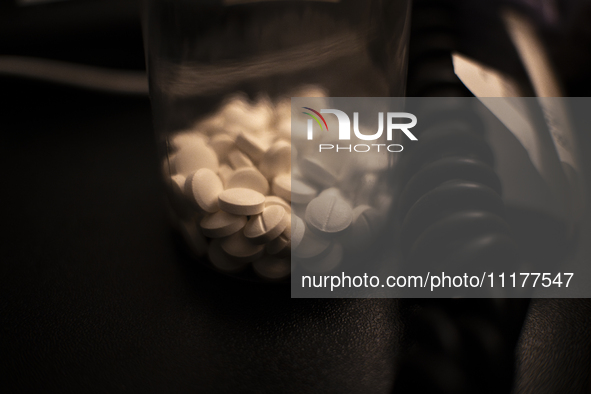 A plastic bottle with white coloured antidepressant pills on a desktop is seen in this illustration photo in Warsaw, Poland on 25 April, 202...