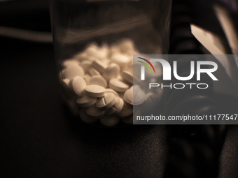 A plastic bottle with white coloured antidepressant pills on a desktop is seen in this illustration photo in Warsaw, Poland on 25 April, 202...