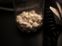 A plastic bottle with white coloured antidepressant pills on a desktop is seen in this illustration photo in Warsaw, Poland on 25 April, 202...