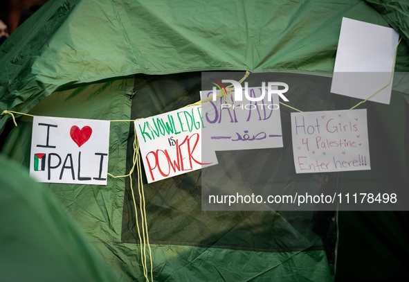 Signs hang on a tent at an encampment for Palestine set up by George Washington University students  in conjunction with other DC-area unive...