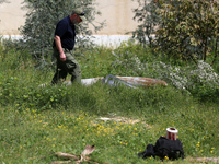 Simon Elmont from Humanity and Inclusion UK is examining and tagging large Israeli unexploded weapons to try to ensure maximum safety in Dei...