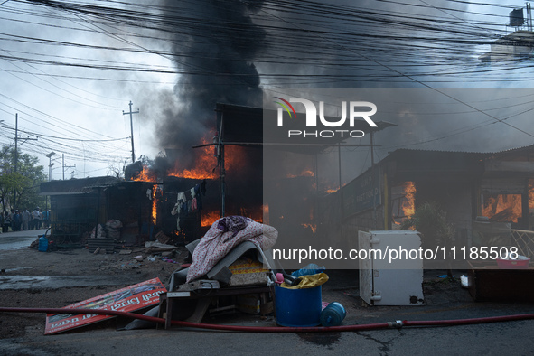 A fire is ravaging a vehicle workshop and adjacent shops in Sankhamul, Kathmandu, causing extensive damage on a Sunday afternoon. 