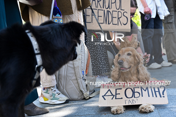 Dogs are seen with placards during the FreeAzov action in support of the military being held in Russian captivity, in Lviv, Ukraine, on Apri...