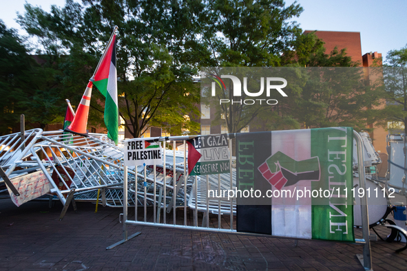 The sun rises on a Gaza solidarity encampment at George Washington University, Washington, DC, April, 29, 2024.  Overnight, students broke t...