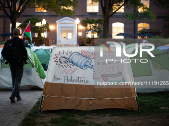 The sun rises on the Gaza solidarity encampment at George Washington University, Washington, DC, April 29, 2024.  GWU students have maintain...