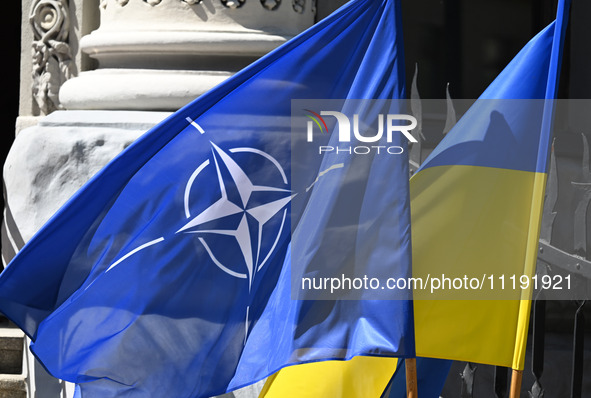 Flags of Ukraine and NATO are seen before a press conference of NATO Secretary General Jens Stoltenberg and President of Ukraine Volodymyr Z...