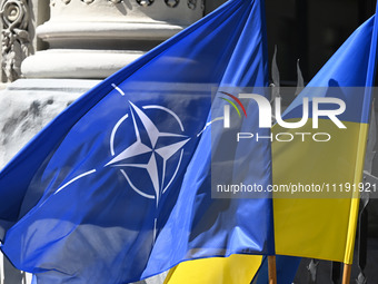 Flags of Ukraine and NATO are seen before a press conference of NATO Secretary General Jens Stoltenberg and President of Ukraine Volodymyr Z...