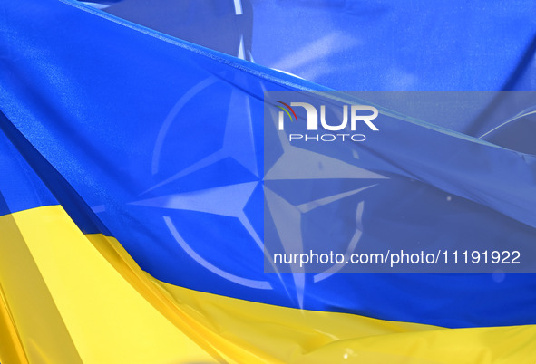 Flags of Ukraine and NATO are seen before a press conference of NATO Secretary General Jens Stoltenberg and President of Ukraine Volodymyr Z...