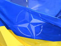 Flags of Ukraine and NATO are seen before a press conference of NATO Secretary General Jens Stoltenberg and President of Ukraine Volodymyr Z...