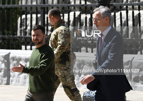 NATO Secretary General Jens Stoltenberg (L) and President of Ukraine Volodymyr Zelensky (R) are arriving to meet the media following their n...