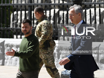 NATO Secretary General Jens Stoltenberg (L) and President of Ukraine Volodymyr Zelensky (R) are arriving to meet the media following their n...