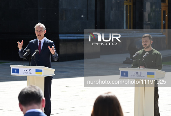 NATO Secretary General Jens Stoltenberg (L) and President of Ukraine Volodymyr Zelensky (R) are participating in a press conference followin...