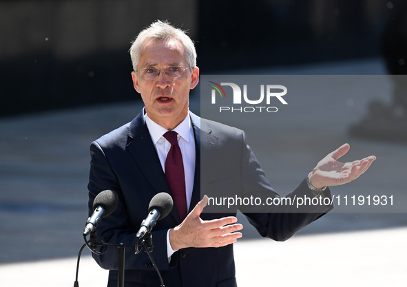 NATO Secretary General Jens Stoltenberg speaks during a press conference with President of Ukraine Volodymyr Zelensky following their negoti...