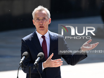 NATO Secretary General Jens Stoltenberg speaks during a press conference with President of Ukraine Volodymyr Zelensky following their negoti...