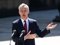 NATO Secretary General Jens Stoltenberg speaks during a press conference with President of Ukraine Volodymyr Zelensky following their negoti...