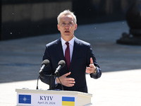 NATO Secretary General Jens Stoltenberg is speaking during a press conference with President of Ukraine Volodymyr Zelensky following their n...