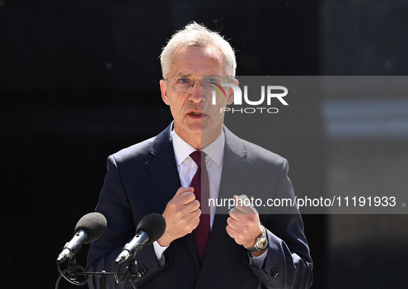 NATO Secretary General Jens Stoltenberg speaks during a press conference with President of Ukraine Volodymyr Zelensky following their negoti...