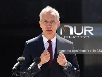 NATO Secretary General Jens Stoltenberg speaks during a press conference with President of Ukraine Volodymyr Zelensky following their negoti...