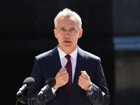 NATO Secretary General Jens Stoltenberg speaks during a press conference with President of Ukraine Volodymyr Zelensky following their negoti...