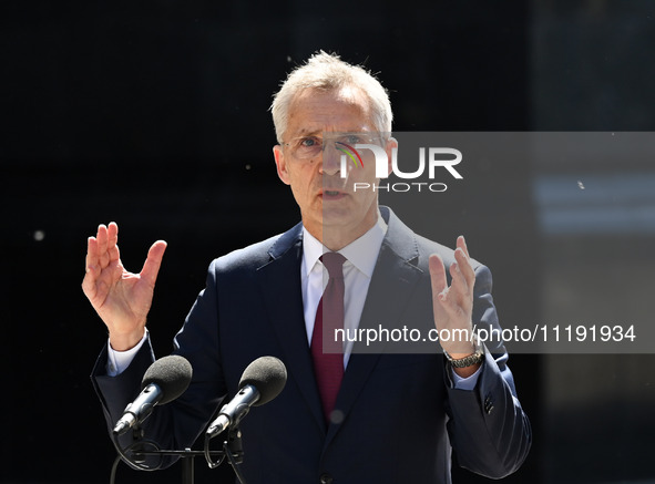 NATO Secretary General Jens Stoltenberg speaks during a press conference with President of Ukraine Volodymyr Zelensky following their negoti...