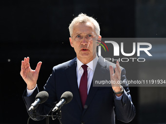 NATO Secretary General Jens Stoltenberg speaks during a press conference with President of Ukraine Volodymyr Zelensky following their negoti...