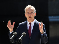 NATO Secretary General Jens Stoltenberg speaks during a press conference with President of Ukraine Volodymyr Zelensky following their negoti...