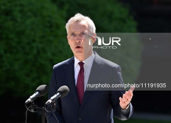 NATO Secretary General Jens Stoltenberg speaks during a press conference with President of Ukraine Volodymyr Zelensky following their negoti...