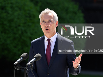 NATO Secretary General Jens Stoltenberg speaks during a press conference with President of Ukraine Volodymyr Zelensky following their negoti...