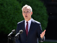 NATO Secretary General Jens Stoltenberg speaks during a press conference with President of Ukraine Volodymyr Zelensky following their negoti...