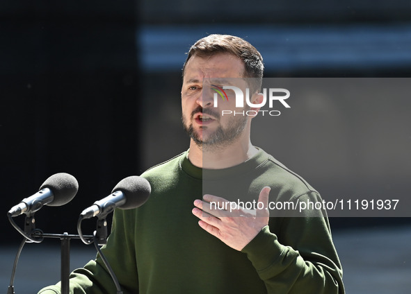 President of Ukraine Volodymyr Zelensky speaks during a press conference with NATO Secretary General Jens Stoltenberg following their negoti...