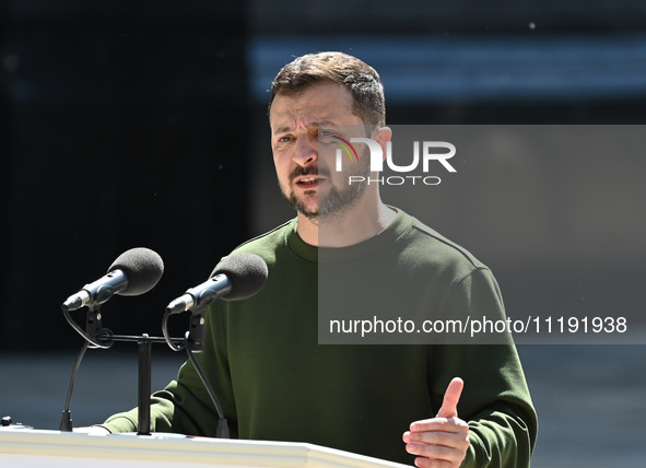 President of Ukraine Volodymyr Zelensky speaks during a press conference with NATO Secretary General Jens Stoltenberg following their negoti...