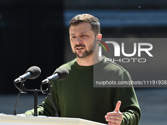 President of Ukraine Volodymyr Zelensky speaks during a press conference with NATO Secretary General Jens Stoltenberg following their negoti...