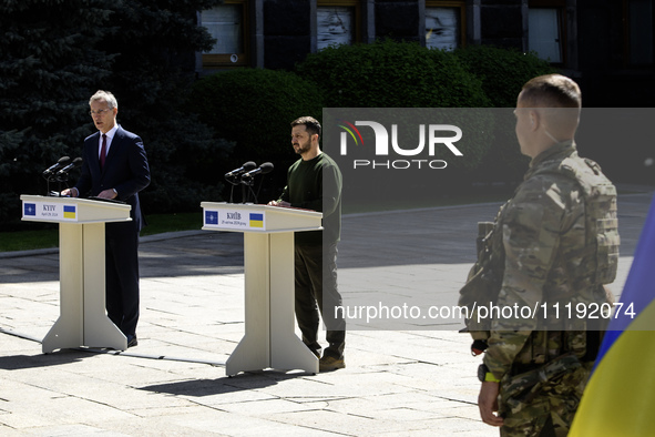 Ukraine's President Volodymyr Zelenskiy and NATO Secretary-General Jens Stoltenberg attend a joint press conference, amid Russia's attack on...