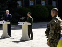 Ukraine's President Volodymyr Zelenskiy and NATO Secretary-General Jens Stoltenberg attend a joint press conference, amid Russia's attack on...