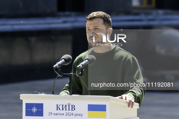 Ukraine's President Volodymyr Zelenskiy attends a joint press conference with NATO Secretary-General Jens Stoltenberg, amid Russia's attack...