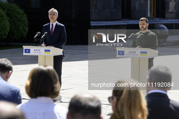 Ukraine's President Volodymyr Zelenskiy and NATO Secretary-General Jens Stoltenberg attend a joint press conference, amid Russia's attack on...