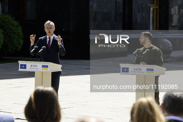 Ukraine's President Volodymyr Zelenskiy and NATO Secretary-General Jens Stoltenberg attend a joint press conference, amid Russia's attack on...