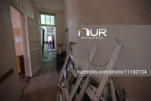 KHARKIV, UKRAINE - APRIL 27, 2024 - Debris is piled in the corridor of Psychiatric Hospital N3 in the Saltivskyi district following a nightt...