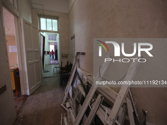 KHARKIV, UKRAINE - APRIL 27, 2024 - Debris is piled in the corridor of Psychiatric Hospital N3 in the Saltivskyi district following a nightt...