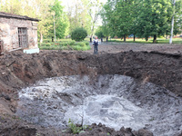 KHARKIV, UKRAINE - APRIL 27, 2024 - A crater is seen at Psychiatric Hospital N3 in the Saltivskyi district following a nighttime Russian S-3...