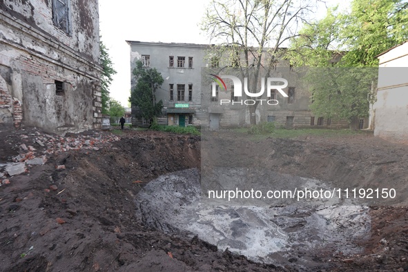 KHARKIV, UKRAINE - APRIL 27, 2024 - A crater is seen at Psychiatric Hospital N3 in the Saltivskyi district following a nighttime Russian S-3...